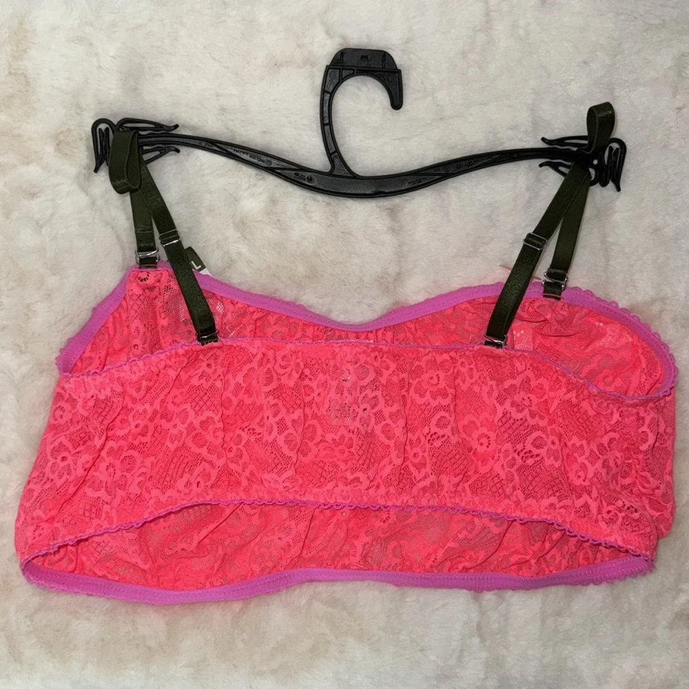 Parade Lace Bandeau Bra Sheer Lace Bralette w Removable Straps Pink Women’s XL